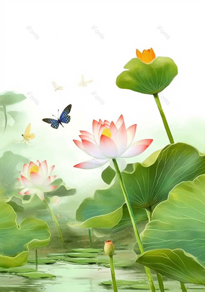 优美绿色中国风池塘荷叶荷花胡蝶插画,插画/手绘图,插画/手绘图库,插画/手绘图下载,插画/手绘
